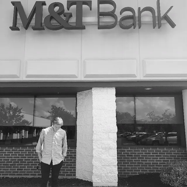 Drew Pitts downtown, in black and white